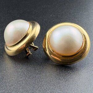 RARE Vtg 14 mm Australian Mabe Pearl & 14K Gold English-lock Earrings 7.5 Grams